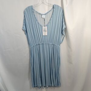 Allthreads Size XL V-Neck Blue Striped Midi Dress with Gathered Waist